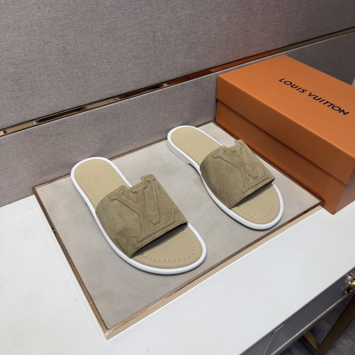 Louis Vuitton Men's Khaki Monogram Slide Sandals